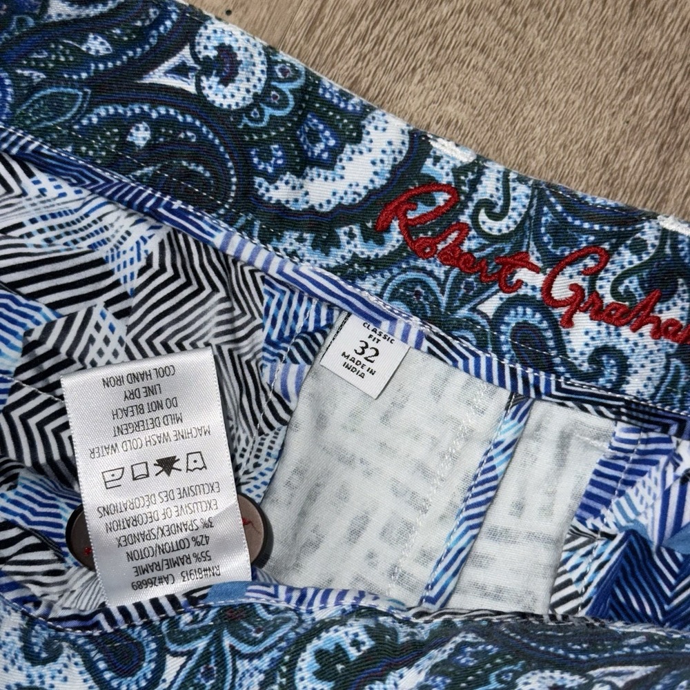 Robert Graham Ramie Stretch Chino Shorts Mens 32 Green White Geometric Flip Cuff - Picture 4 of 5